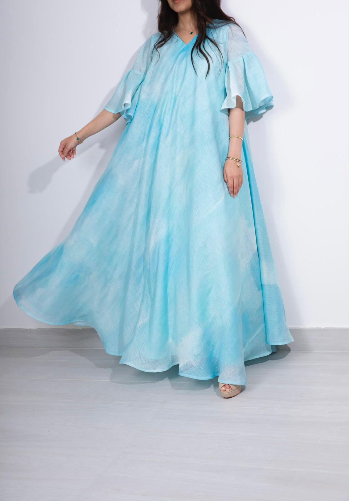 Aqua turquoise flutter-sleeve kaftan with watercolour print by Appliqué, full length