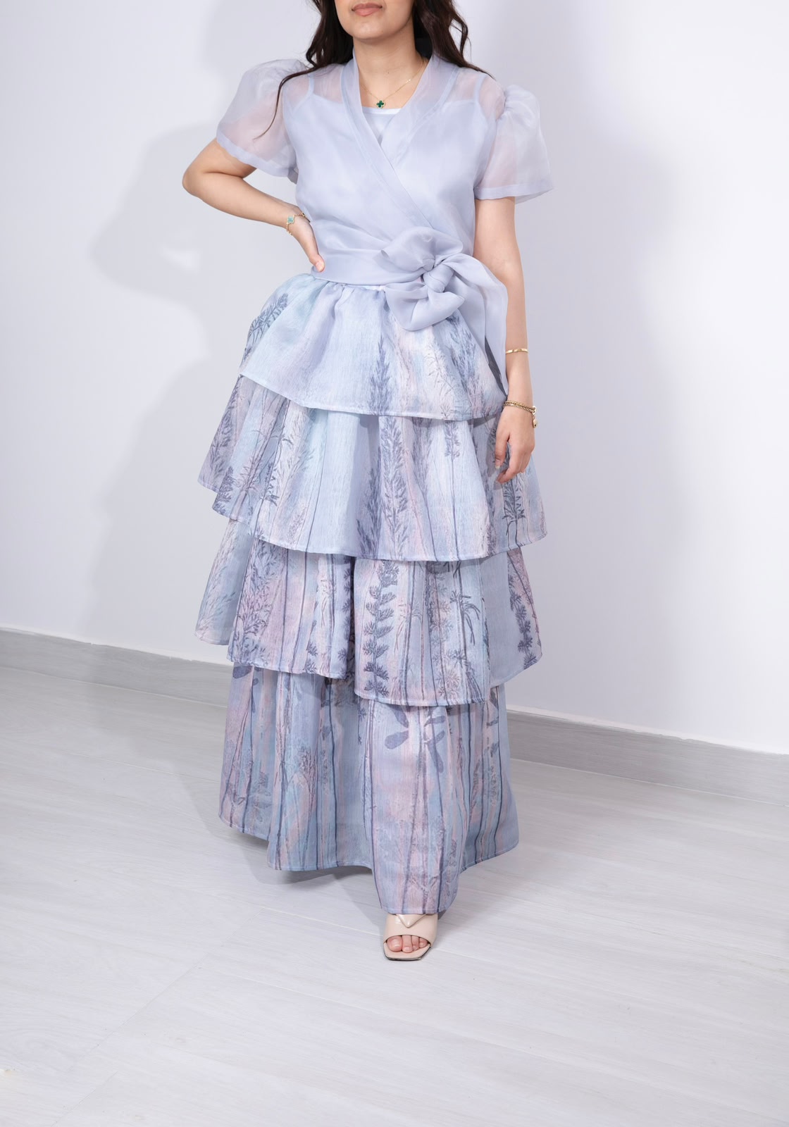 Lilac organza wrap top and tiered botanical-print skirt set by Appliqué