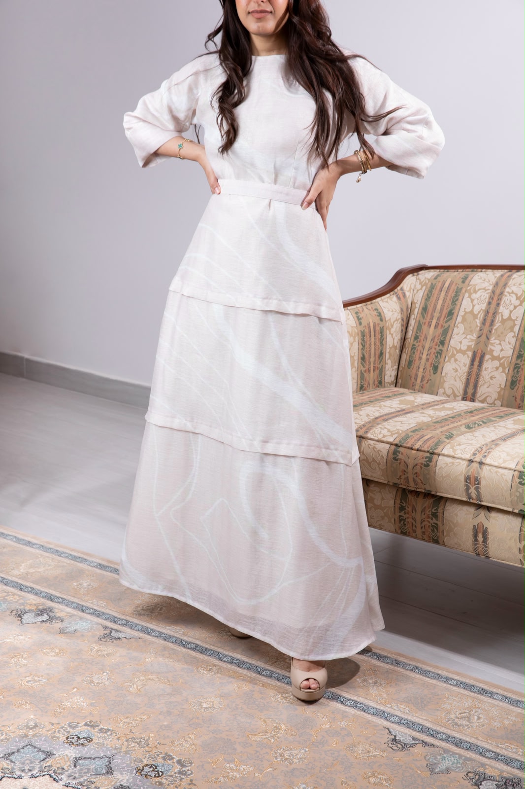 Blush pink three-tier dress with painted brushstroke print by Appliqué