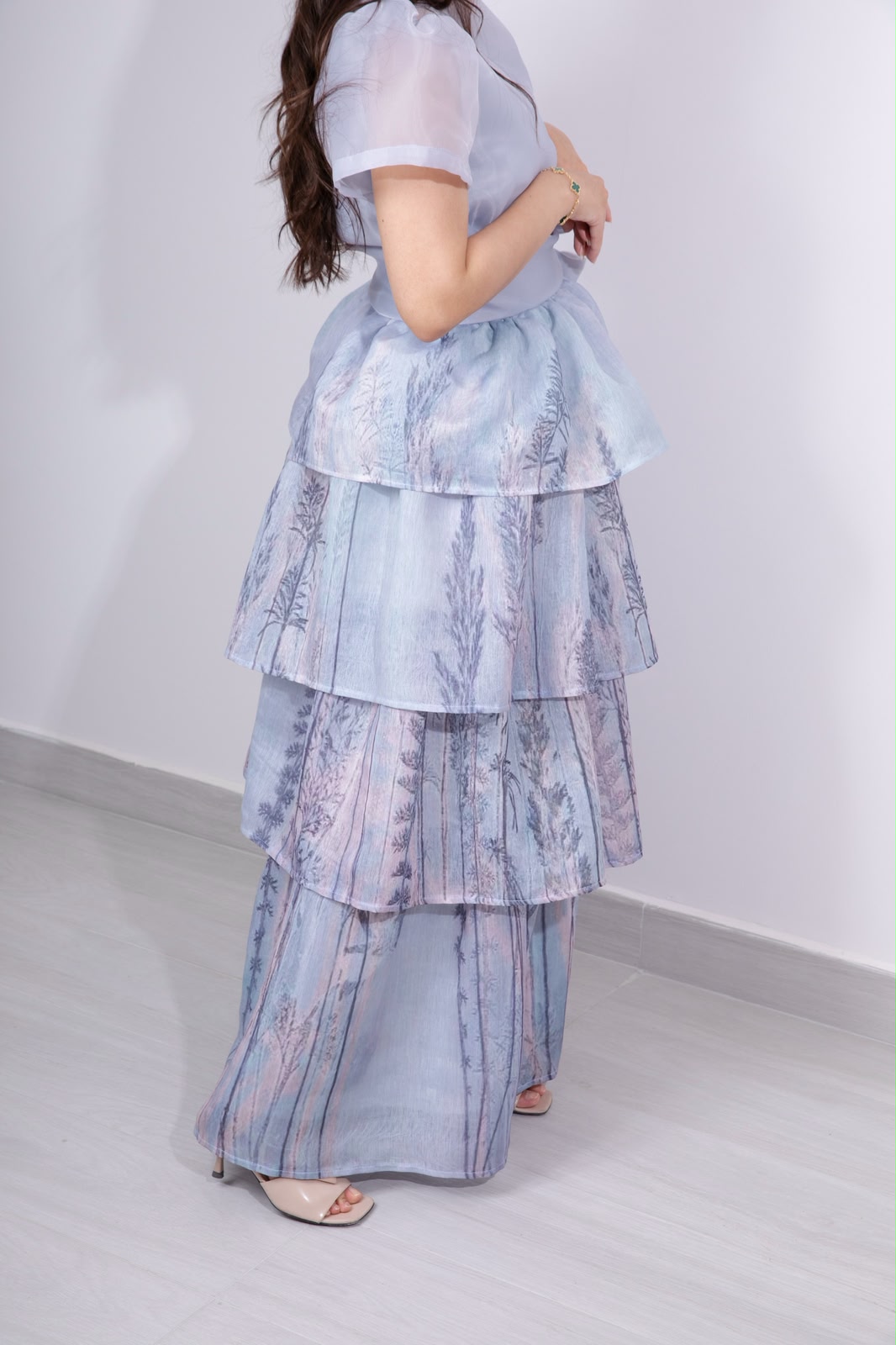 Back view of the Appliqué lilac botanical tiered skirt set